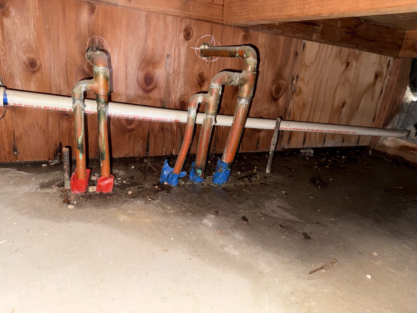 New copper water lines stubbed up under the floor in a crawlspace